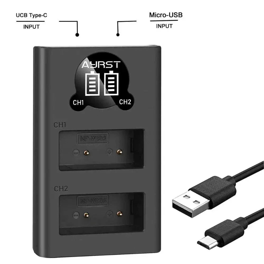Dual USB charger for Fuji NP-W126 batteries with LED display and dual input (Micro USB & USB-C)