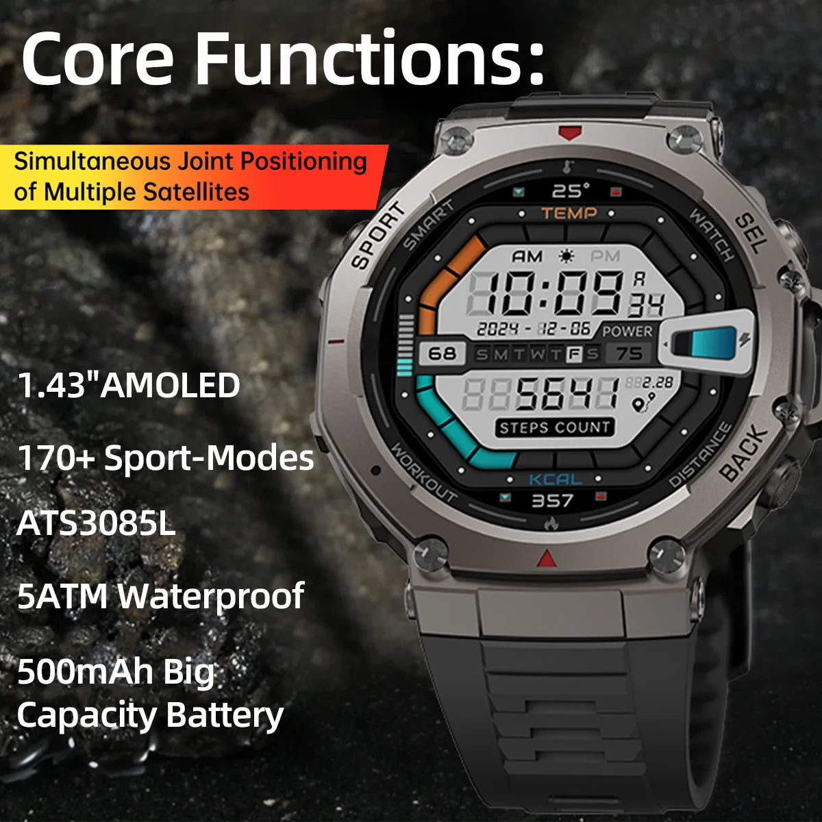 2025 New Design T-Rex 3 AMOLED GPS Smartwatch 5 ATM Waterproof 500mAh Long Battery Dual-band GNSS Military Sport Watch for Men