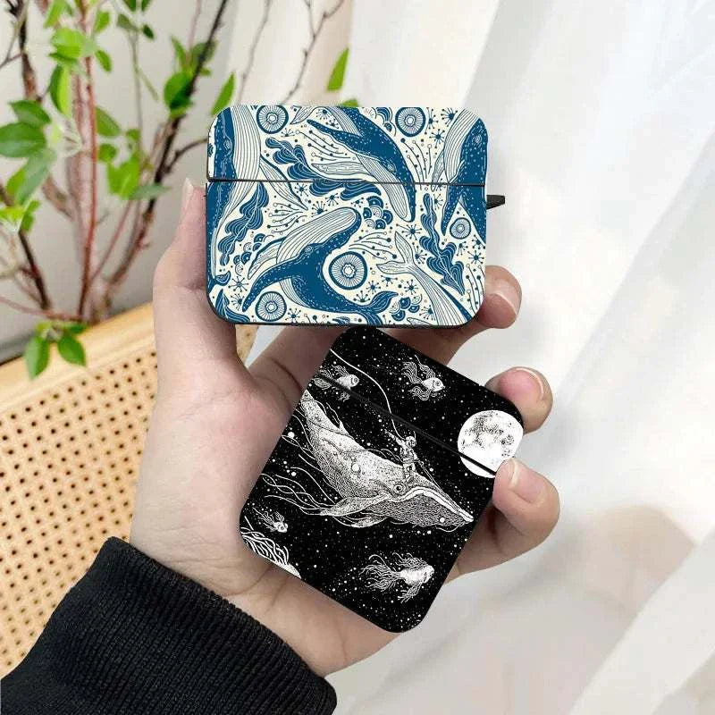 Whale and The Ocean Art AirPods case with blue and black whale designs, silicone material, shockproof and dirt-resistant wireless Bluetooth case