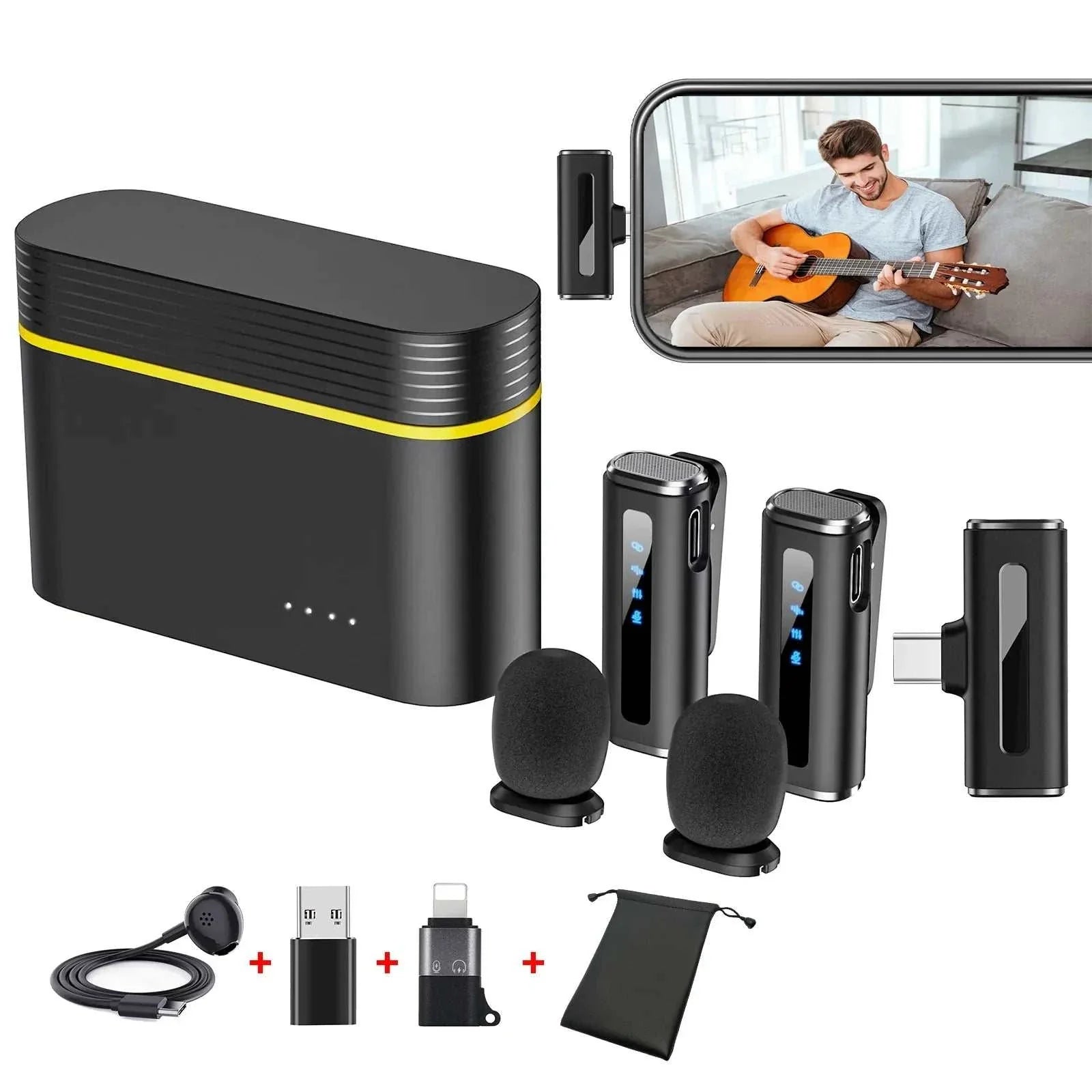 Lavalier wireless microphone kit with charging case, dual mics, Type-C and USB adapters, and windproof covers for phones and computers