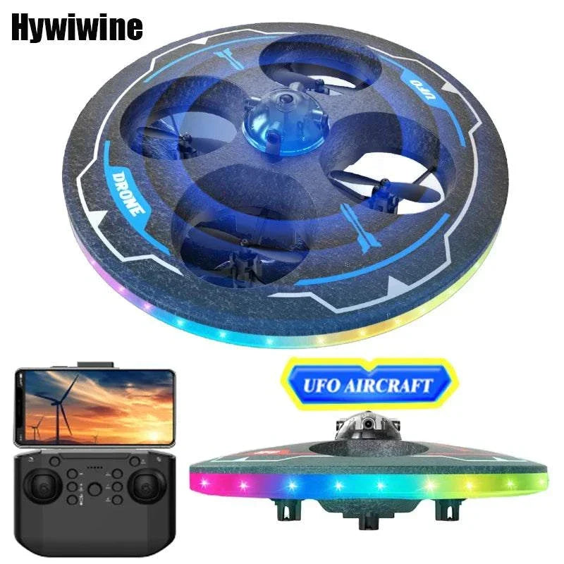 Black and orange drone with camera designed for kids, featuring protective guards and LED lights