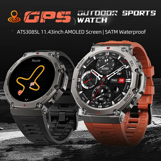 2025 New Design T-Rex 3 AMOLED GPS Smartwatch 5 ATM Waterproof 500mAh Long Battery Dual-band GNSS Military Sport Watch for Men