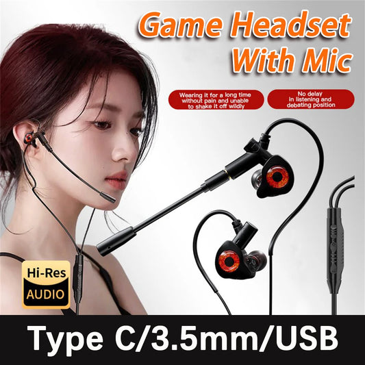 Type-C/3.5mm/USB Wired Headphones Gaming Headsets With Mic Earphones Wired Bass Stereo Esports Gamer Earbuds For Phones Computer